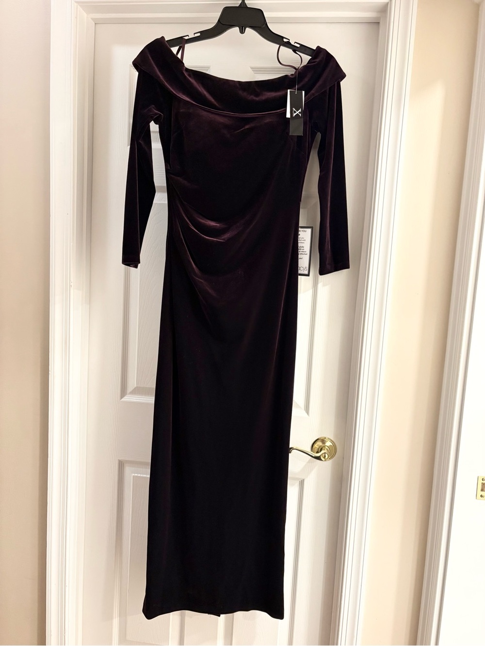 Xscape Off-Shoulder Velvet Maxi Dress in Plum/Maroon MOB/MOG - Picture 9 of 9